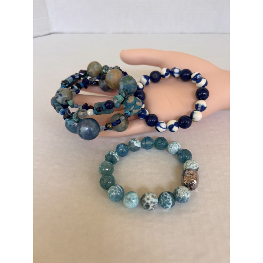 Bracelet Set of 3 Stretch Blue tones beachy nautical boho chic‎